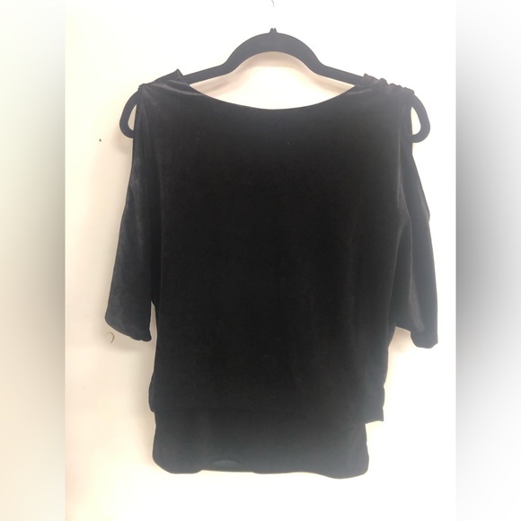 FOR CYNTHIA COLD SHOULDER ELBOW SLEEVES TIGHT WAIST FALLING NECK LINE VELVET TOP - Picture 6 of 9